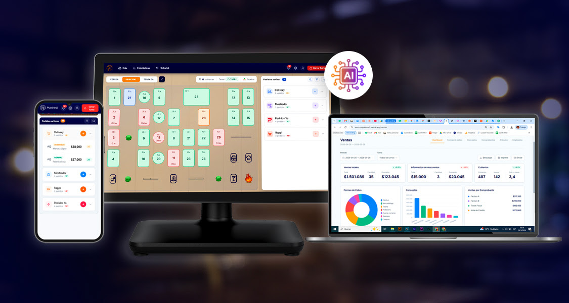 Maxirest One en celular, POS de mostrador y back office con estadísticas de ventas
